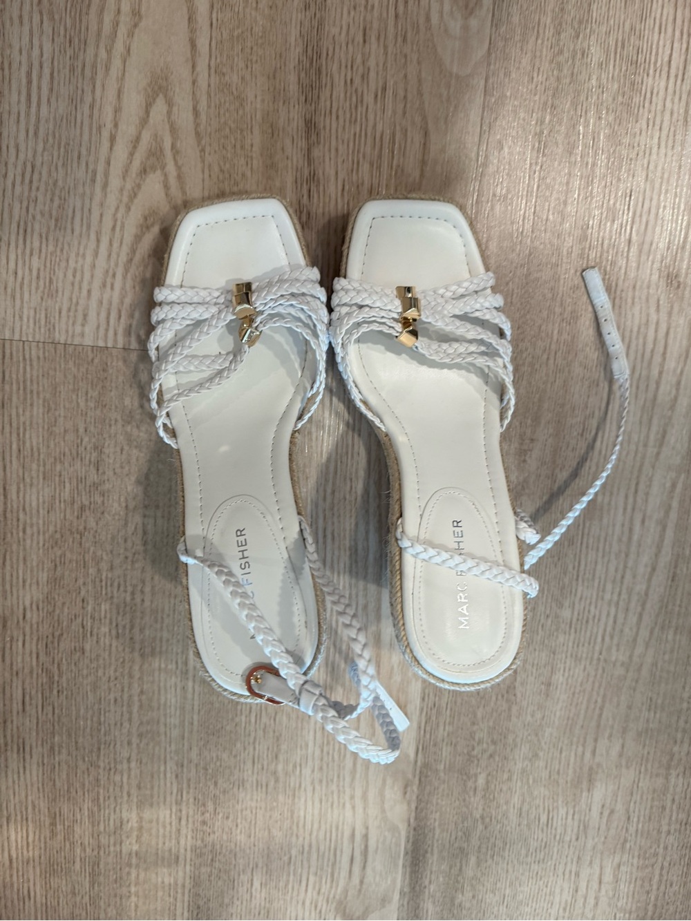 Marc Fisher White Braided Strap Heeled Sandals with Gold Accent